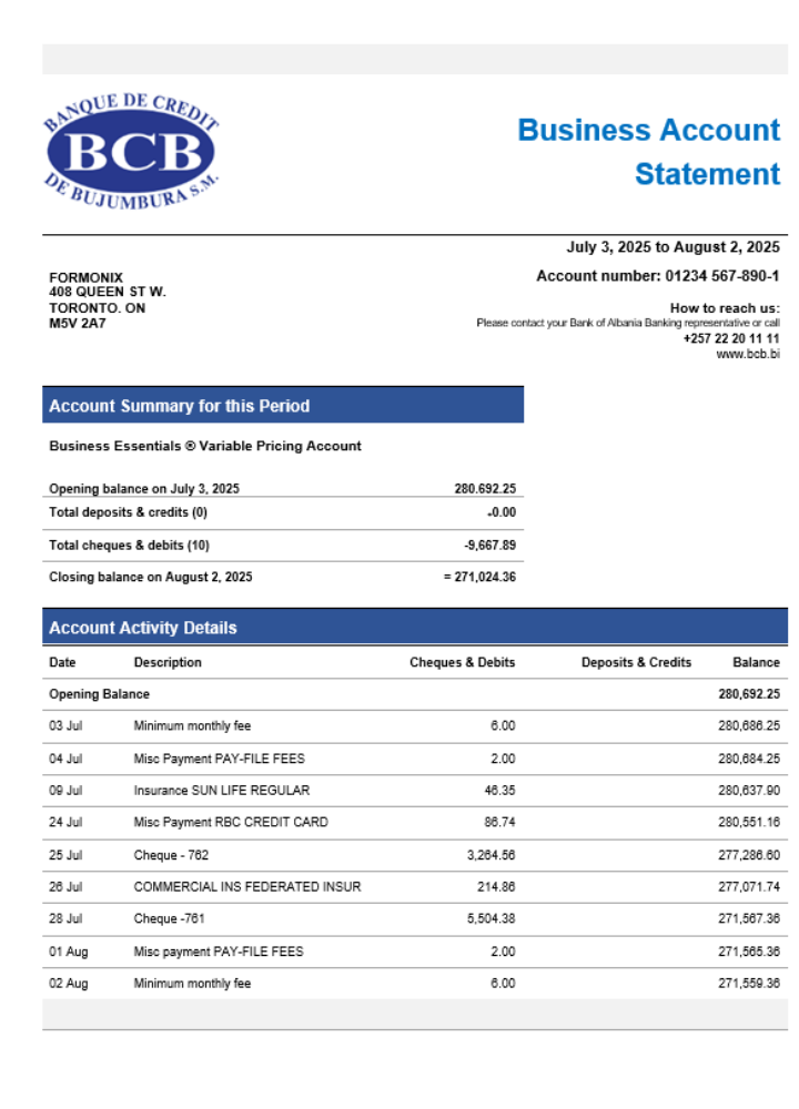 Modèle Word et PDF de relevé de compte d'entreprise de la Banque de Crédit de Bujumbura